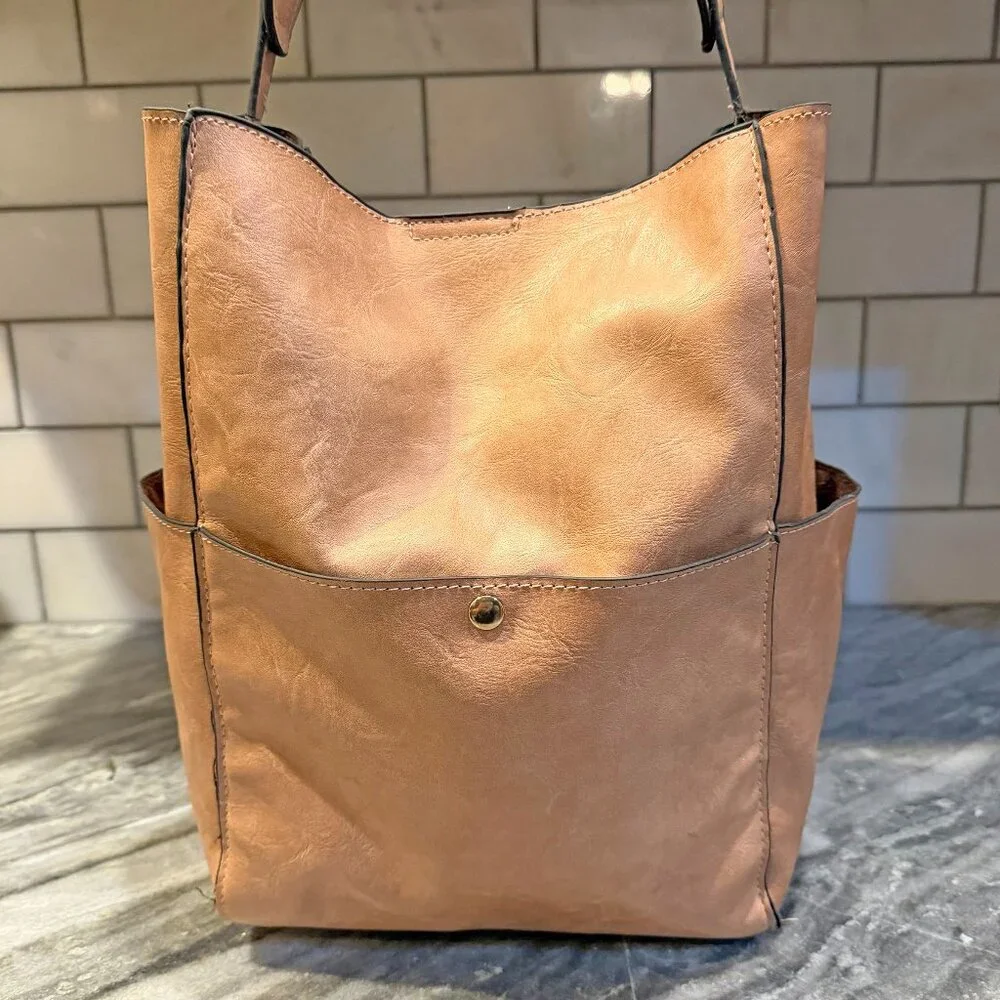 Tan Faux Leather Hobo/Bucket Bag with 3 Exterior Pockets